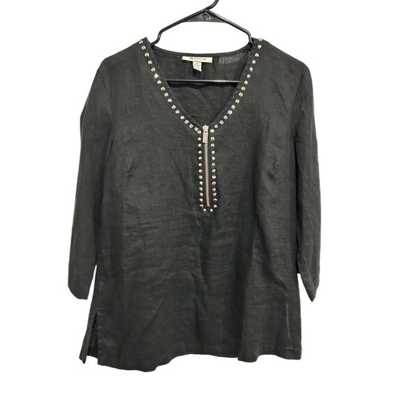 JM Collection Black Linen Tunic Top Rhinestone Detail Zipper Neck Size 8 - Picture 1 of 8